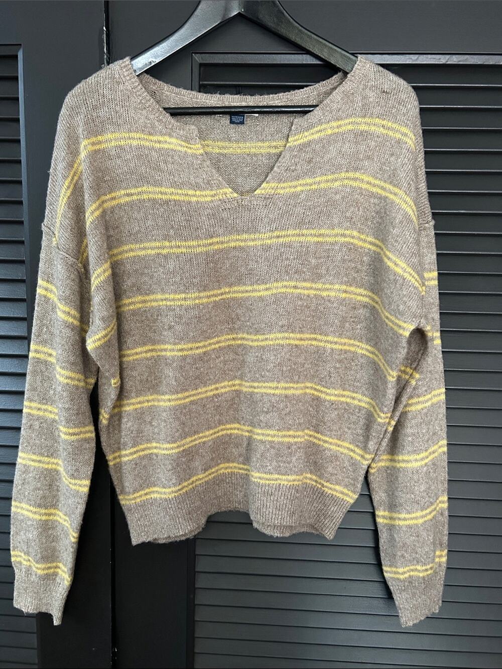American Eagle Women's Striped Sweater, Taupe w/Yellow Stripes, Size XS